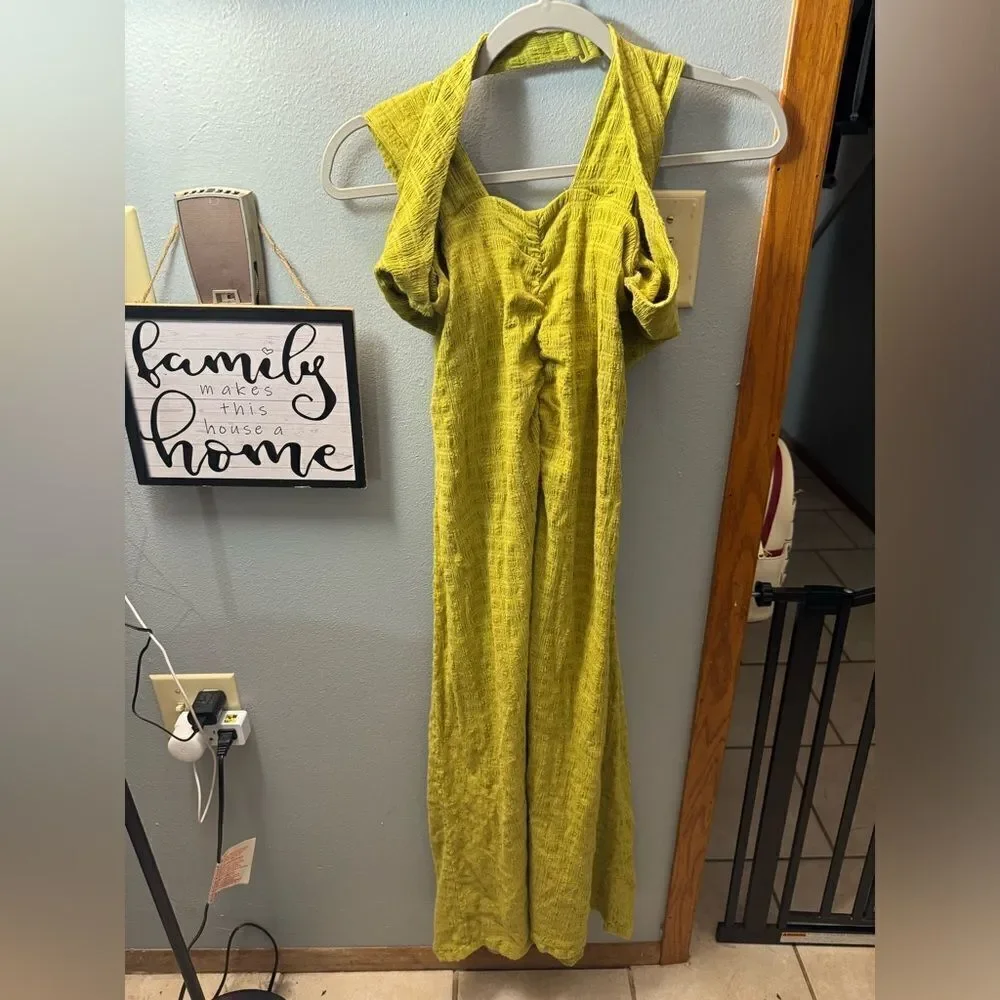 Free People Lime Green Sleeveless Jumpsuit NEW Size Large Linen Cotton